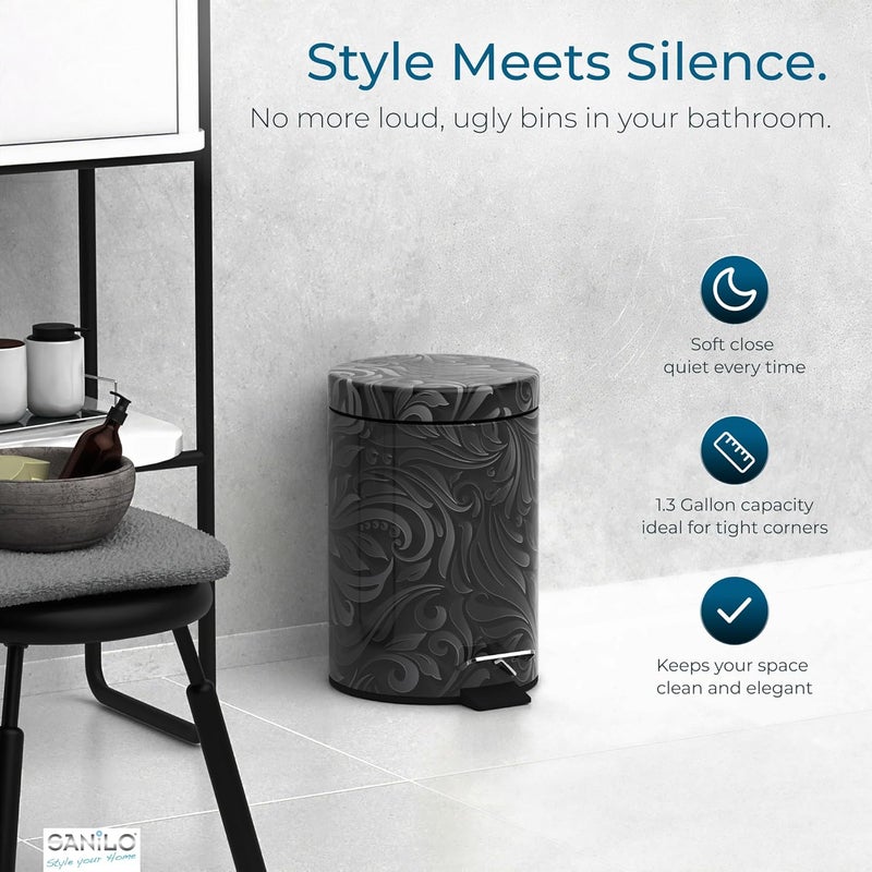 Sanilo Small Bathroom Trash Can with Lid [1.3 Gallon] - Lidded Tiny Trashcan for Garbage - Mini Metal Bin with Soft Closing Mechanism - Bath Room Accessoire Wastebin with Inner Bucket (Floral) - Image 3